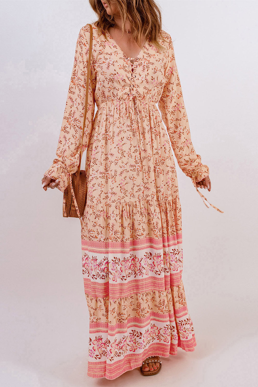 Orange Drawstring Lace-up V Neck Long Sleeve Floral Maxi Dress Maxi Dresses JT's Designer Fashion