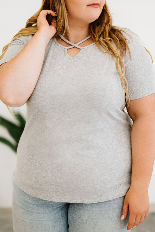 Gray White White Plus Size Crisscross Ribbed Knit T-shirt Plus Size Tops JT's Designer Fashion