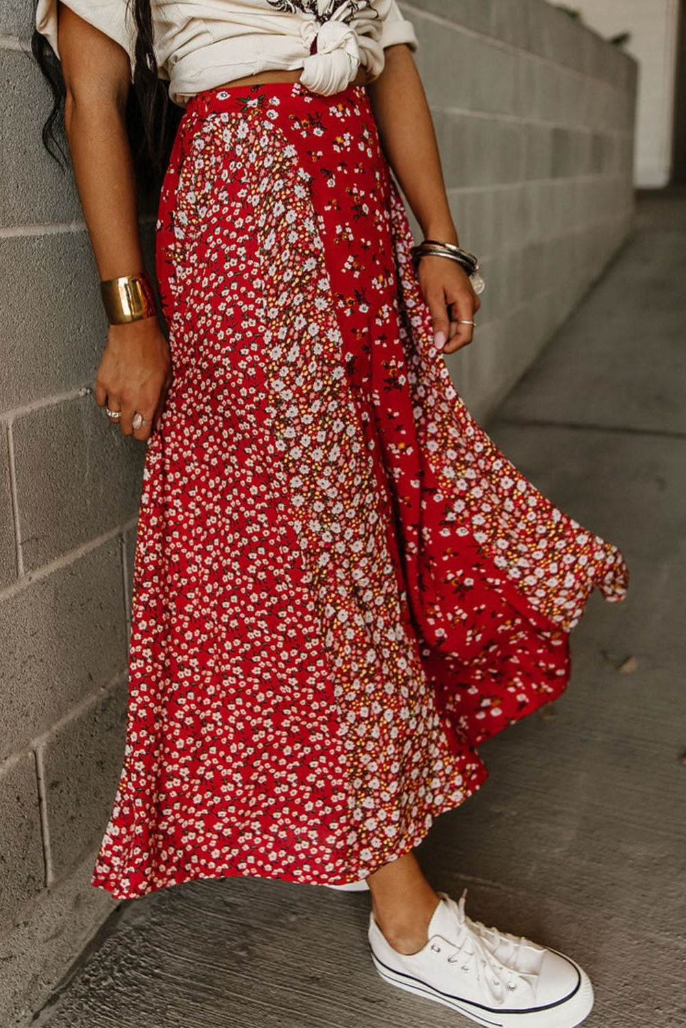 Red Floral Patchwork Print Flowy Maxi Skirt Bottoms JT's Designer Fashion