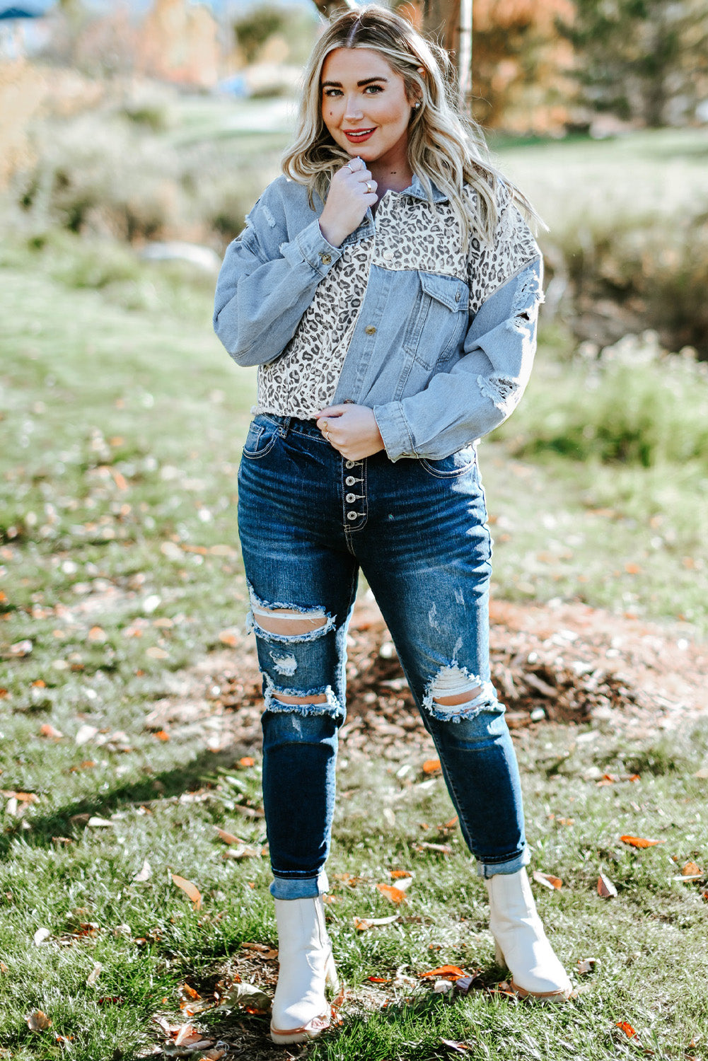 Blue Plus Size Leopard Ripped Cropped Denim Jacket Plus Size Tops JT's Designer Fashion