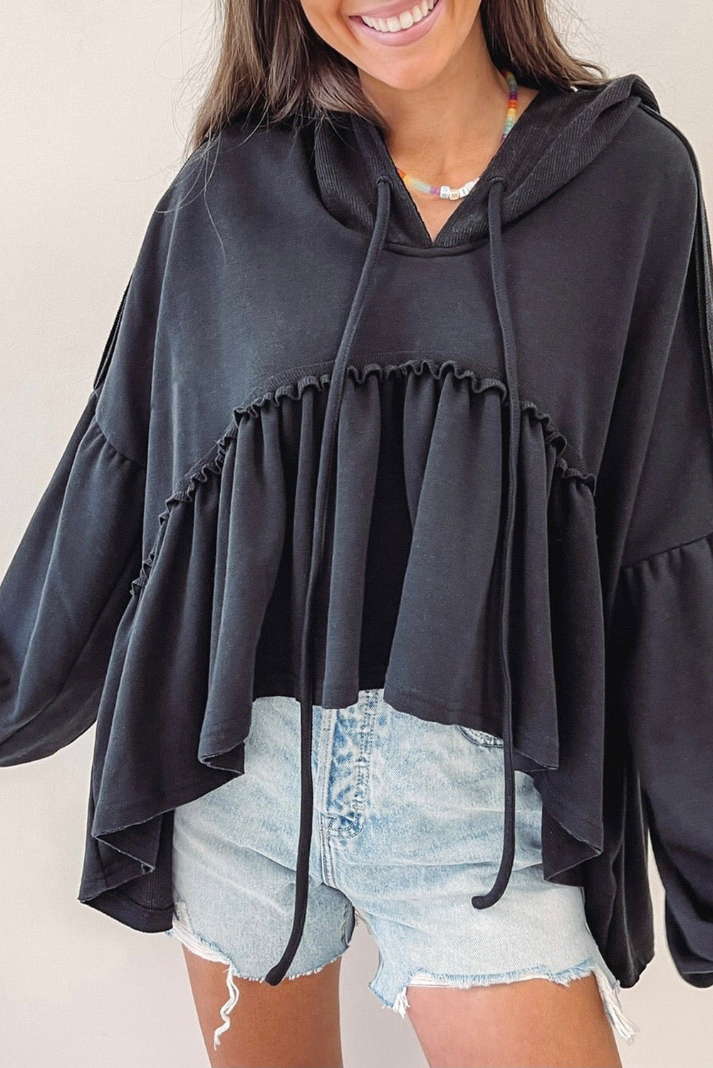 Black Oversized Ruffled High Low Hem Drop Shoulder Hoodie Tops & Tees JT's Designer Fashion