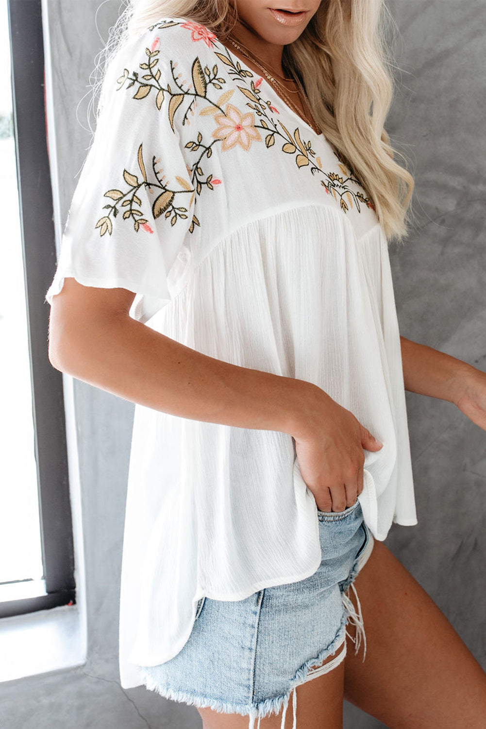 White Floral Embroidered V Neck Crinkle Babydoll Blouse Blouses & Shirts JT's Designer Fashion