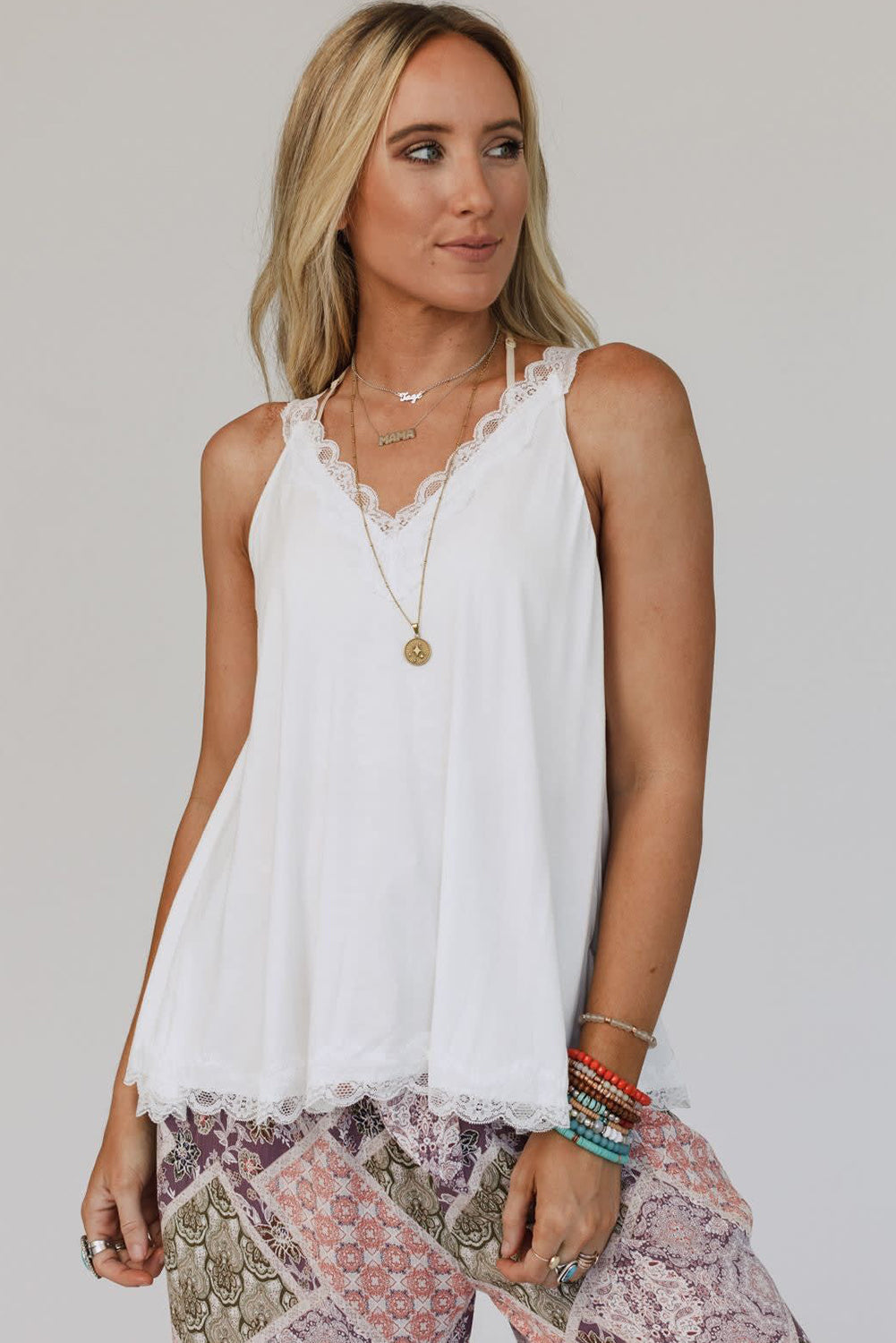 White Delicate Lace Trim Flared Tank Top Tops & Tees JT's Designer Fashion