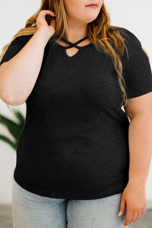 Black White White Plus Size Crisscross Ribbed Knit T-shirt Plus Size Tops JT's Designer Fashion