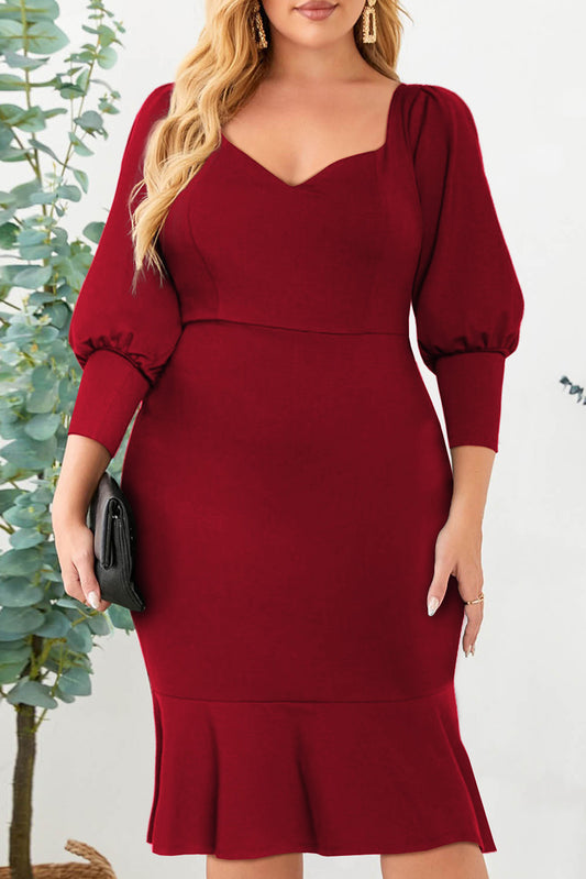 Red Plus Size Puff Sleeve Ruffle Hem Midi Dress Plus Size JT's Designer Fashion