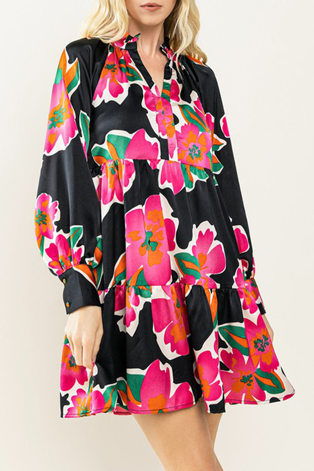 Multicolour Frill Collar Split Neck Long Sleeve Floral Dress Floral Dresses JT's Designer Fashion