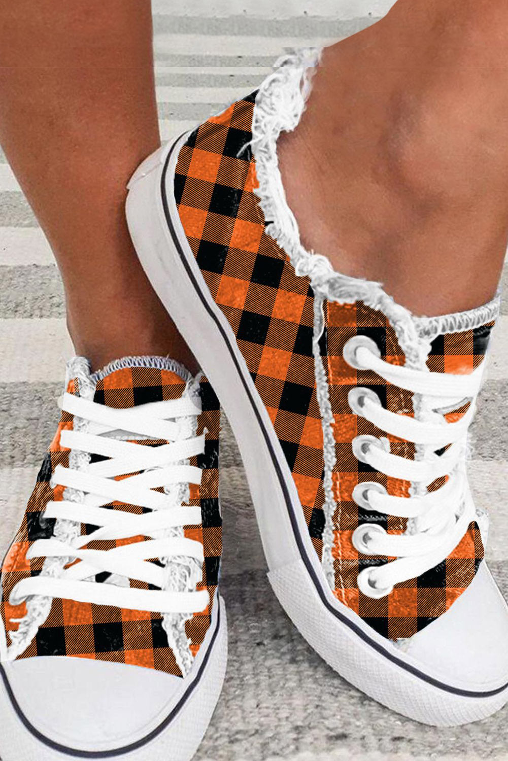 Orange Plaid Frayed Trim Lace-up Shoes Women's Shoes JT's Designer Fashion