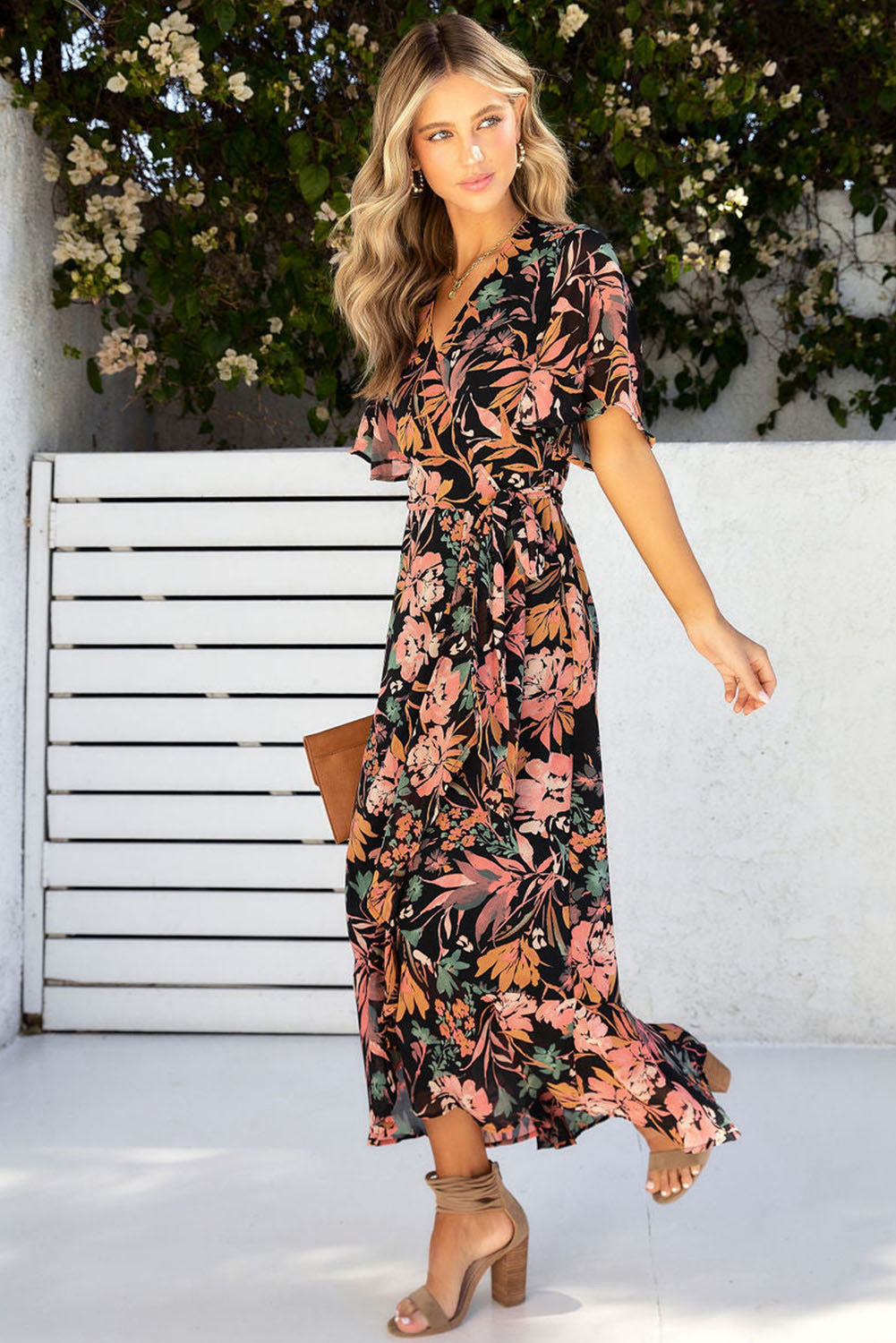 Black Floral Print Knotted Wrapped V Neck Maxi Dress Floral Dresses JT's Designer Fashion