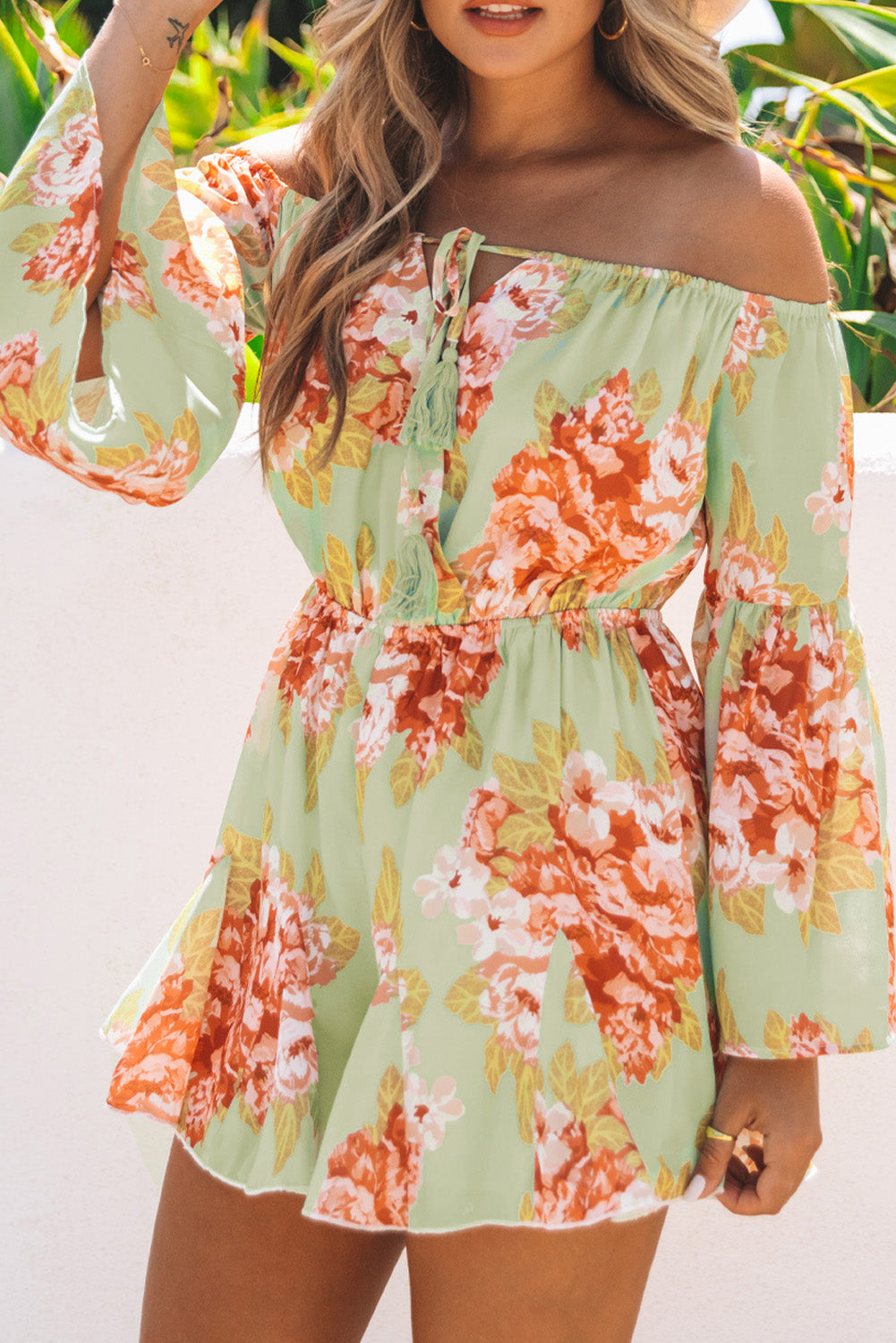 Floral Off the Shoulder Bell Sleeve Romper Jumpsuits & Rompers JT's Designer Fashion