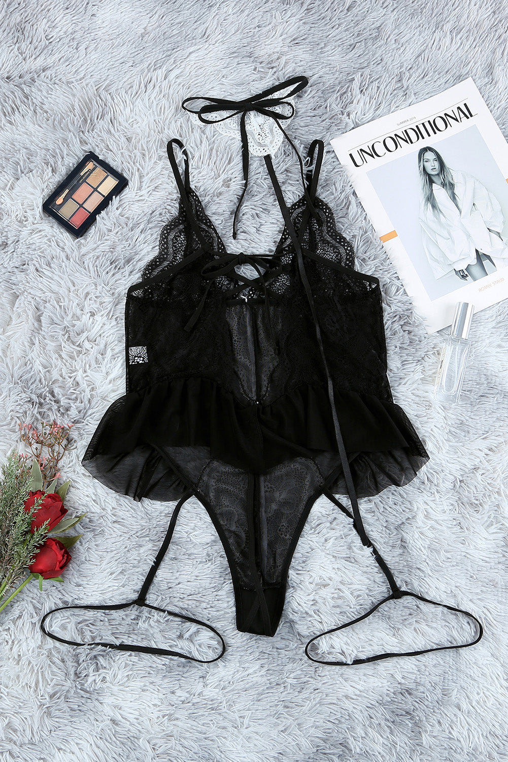 Black Lace Mesh Contrast Lace-up Straps Teddy Lingerie Teddy Lingerie JT's Designer Fashion