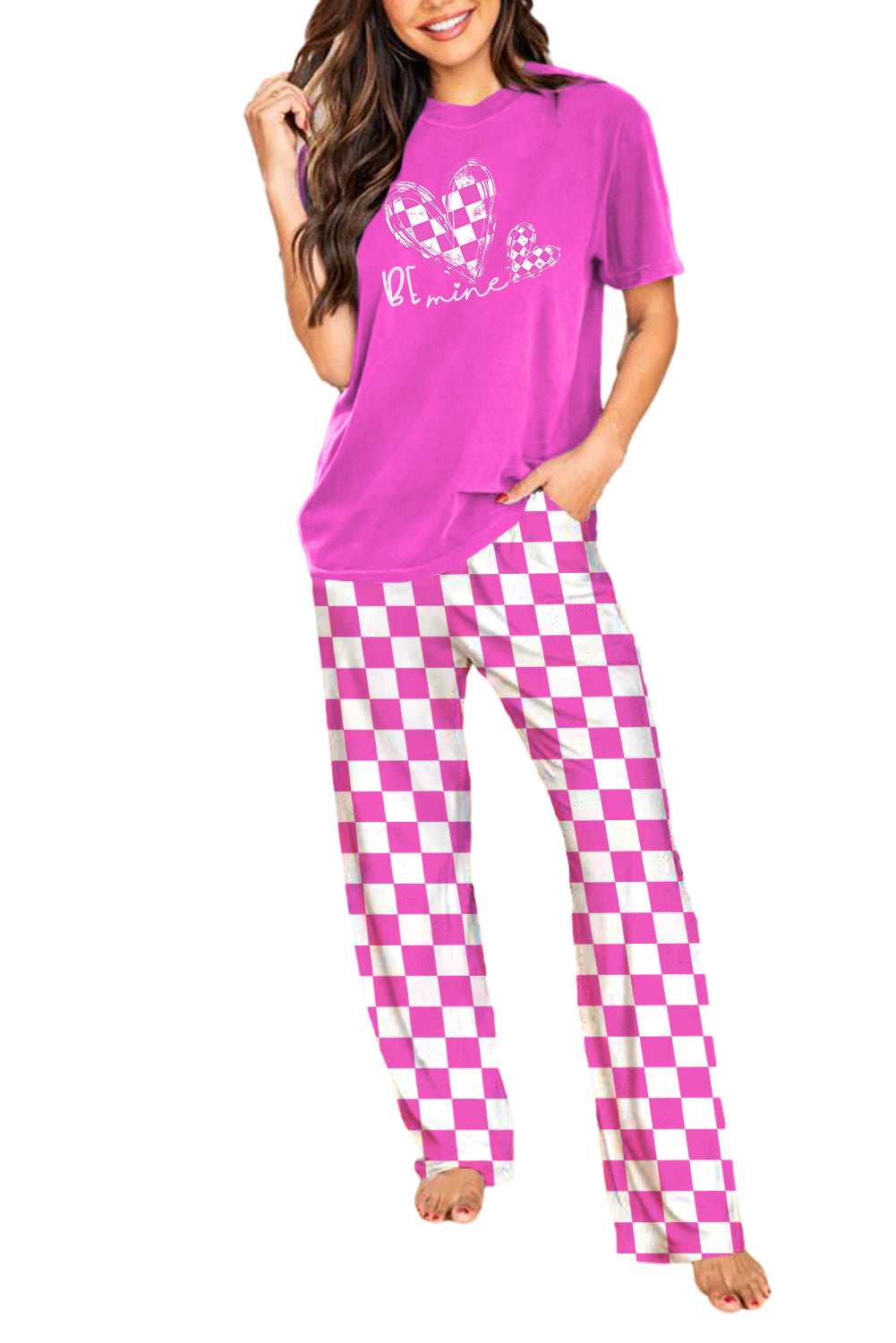 Bright Pink Christmas Tree Print Tee and Pants Lounge Set Loungewear JT's Designer Fashion