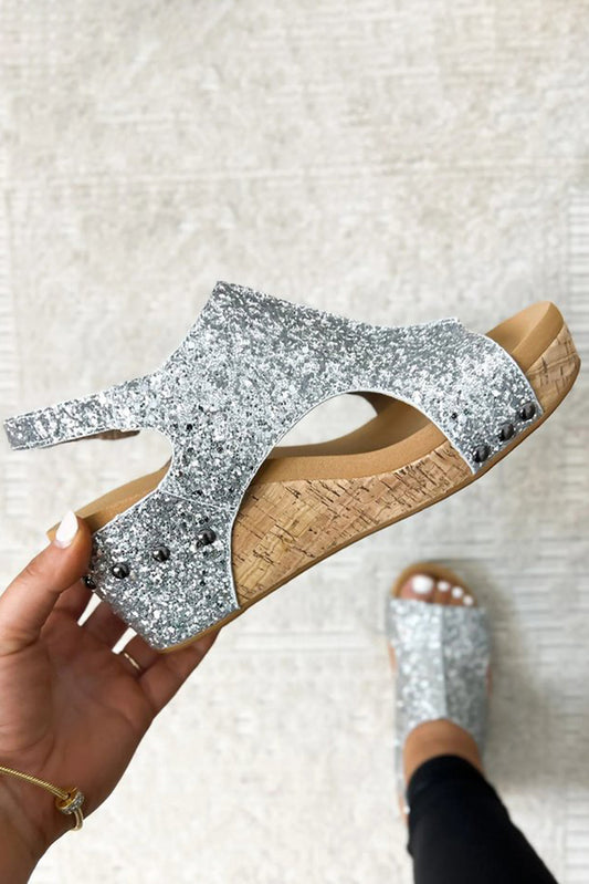 Silver Buckle Hollow Out Sequin Wedge Sandals Sandals JT's Designer Fashion