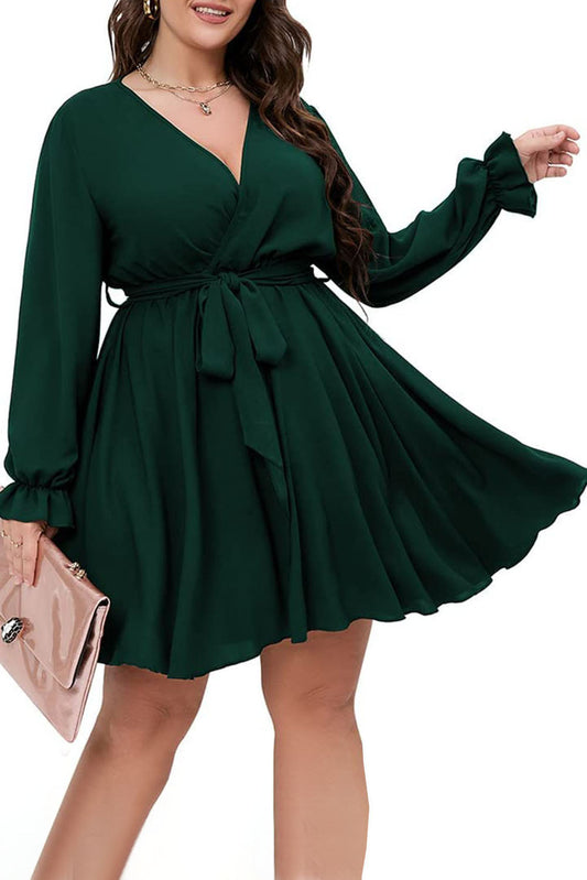 Green Plus Size Wrap V Neck Tie Waist A Line Short Dress Plus Size JT's Designer Fashion