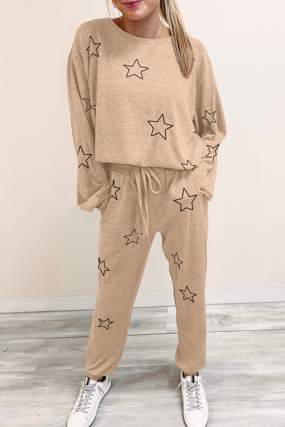 Parchment Stars Print Long Sleeve Drawstring High Waist Lounge Set Bottoms JT's Designer Fashion