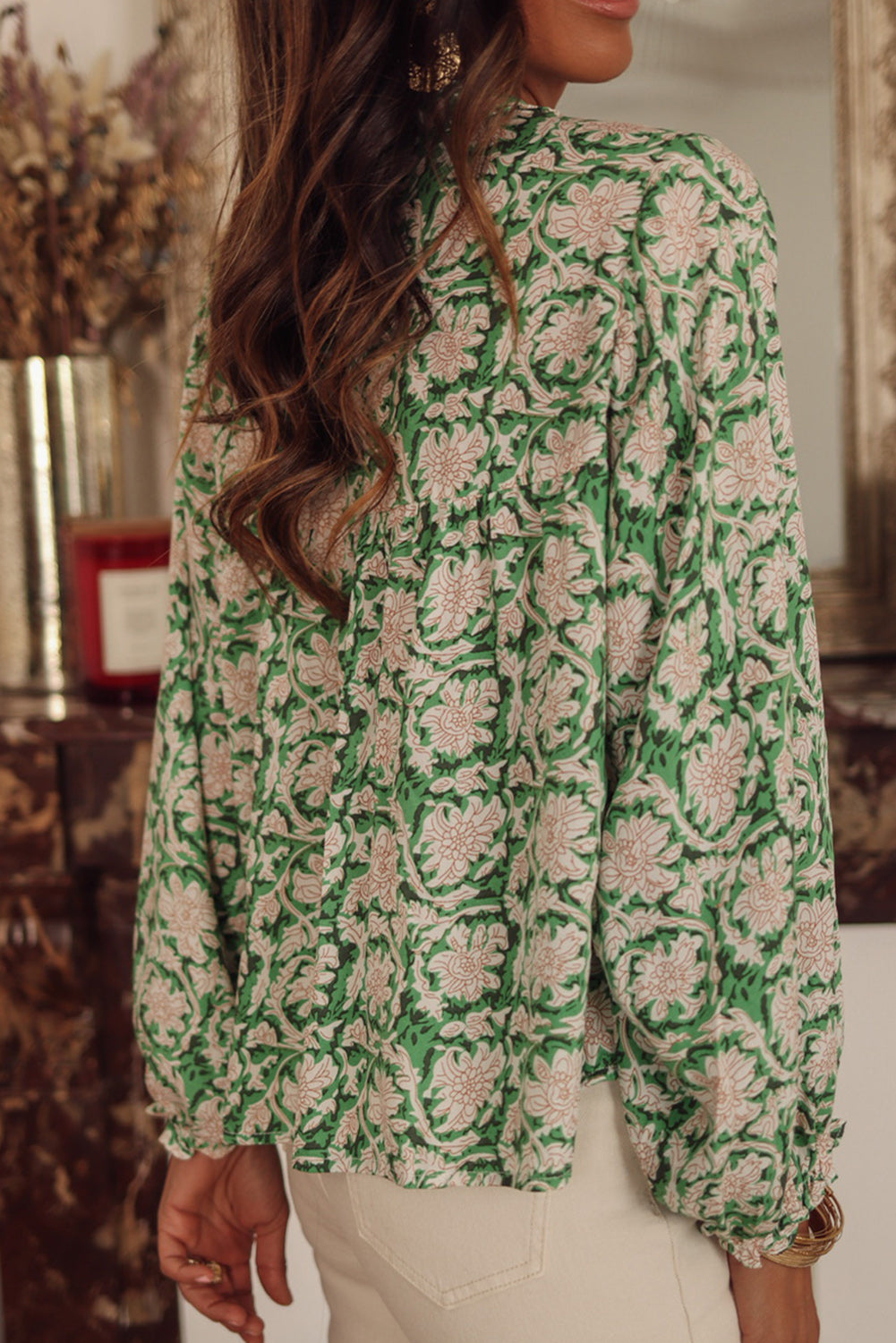 Green Floral Print Split Neck Pleated Puff Sleeve Blouse Tops & Tees JT's Designer Fashion