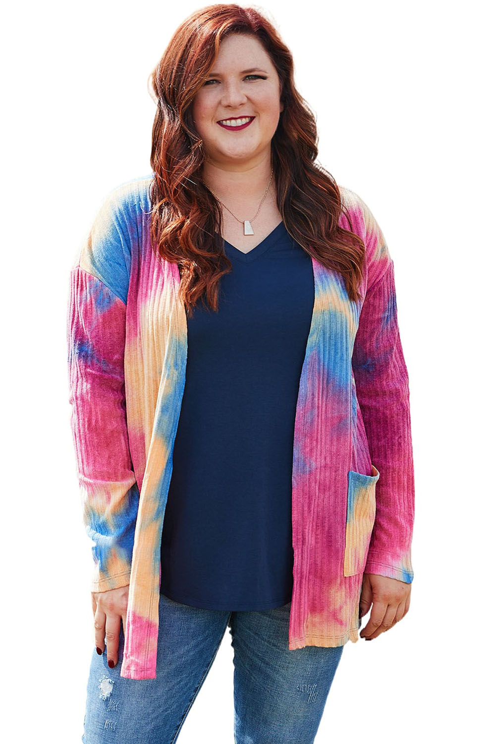 Multicolor Plus Size Tie-dye Print Ribbed Cardigan Plus Size JT's Designer Fashion