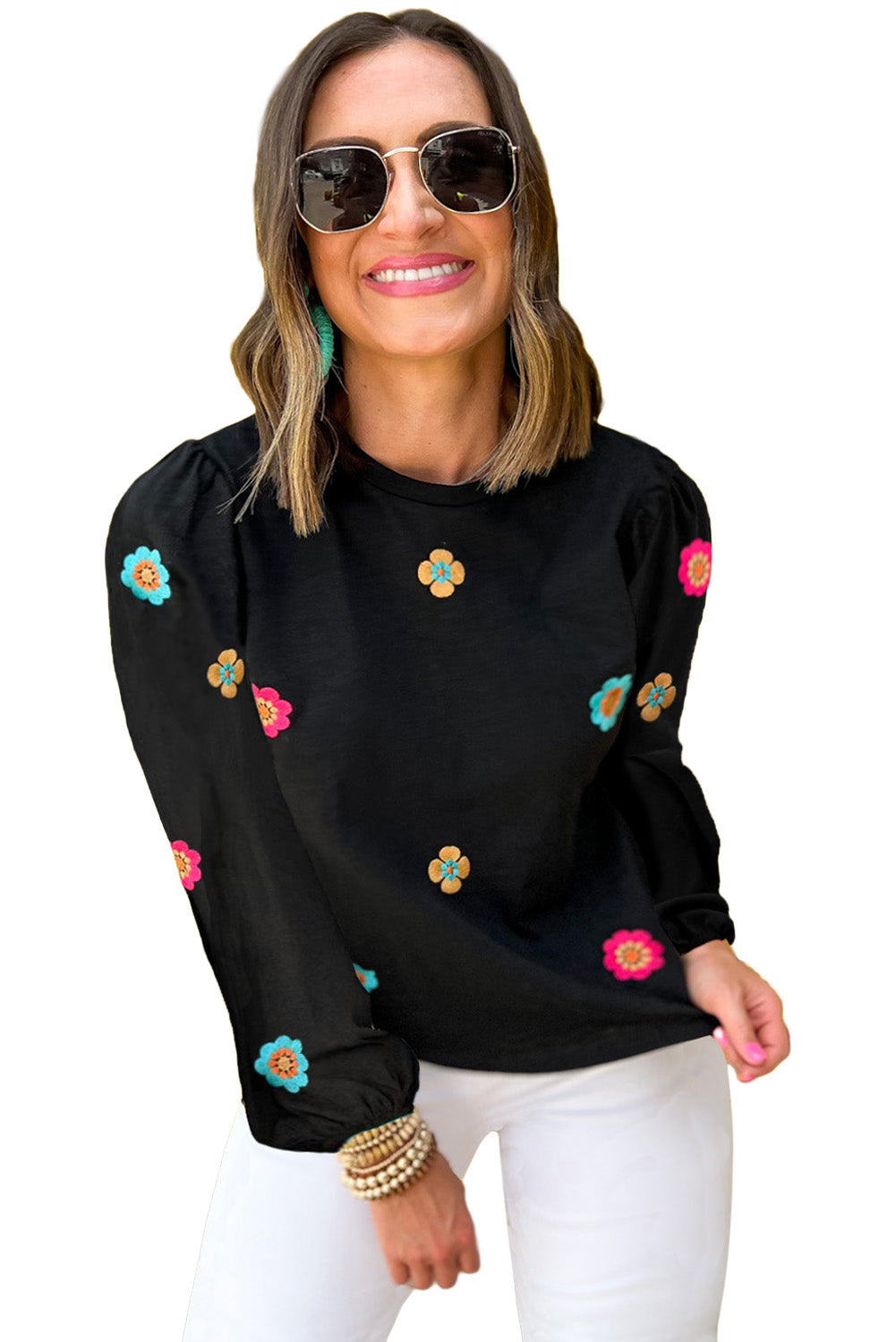 Black Plus Size Flower Embroidered Puff Sleeve Top Plus Size JT's Designer Fashion