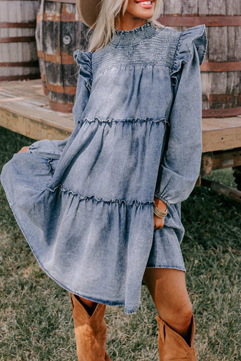 Beau Blue Ruffled Puff Sleeve Ruched Neck Tiered Denim Dress Dresses JT's Designer Fashion