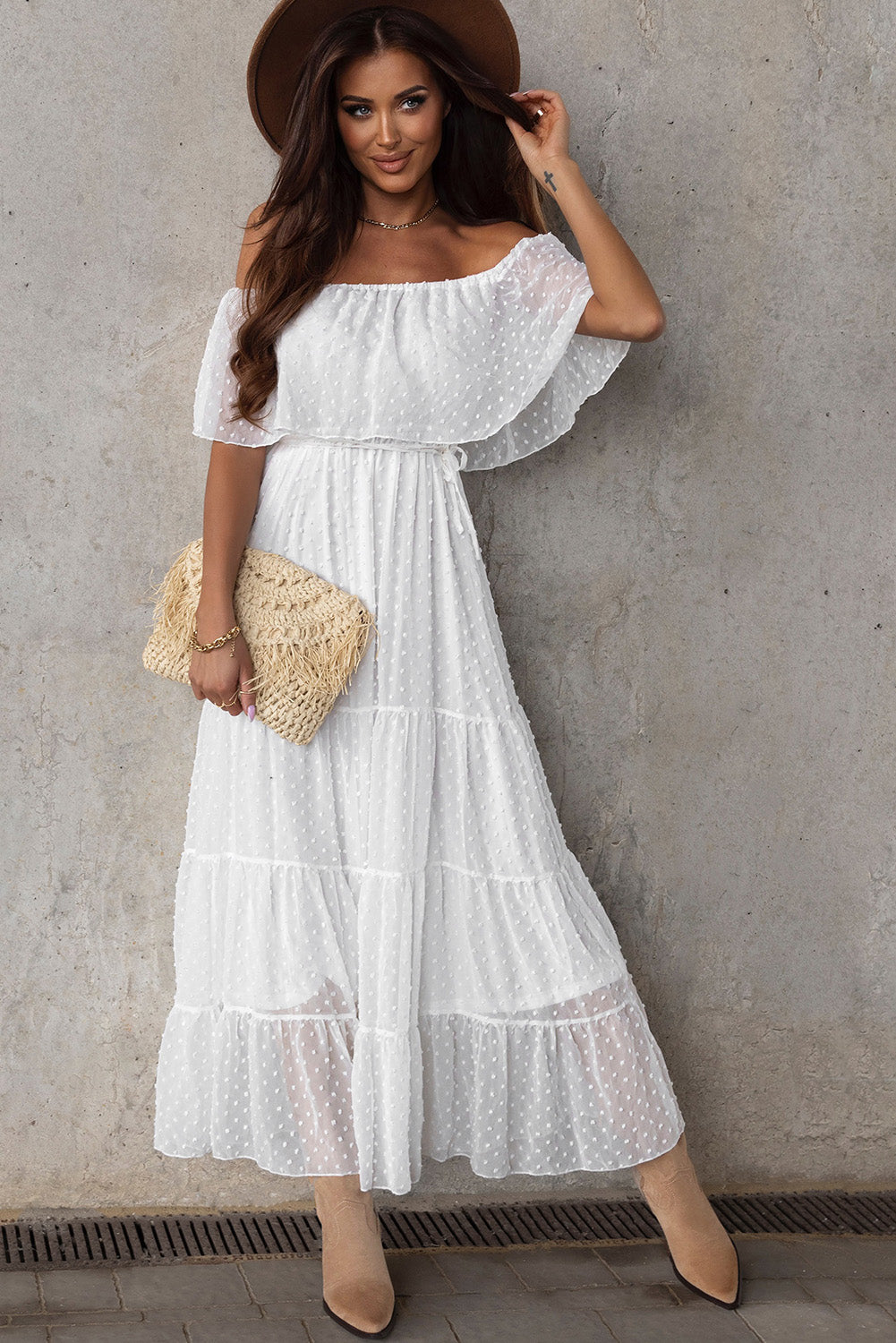 White Yellow Yellow Off Shoulder Ruffle Swiss Dot Maxi Dress Maxi Dresses JT's Designer Fashion