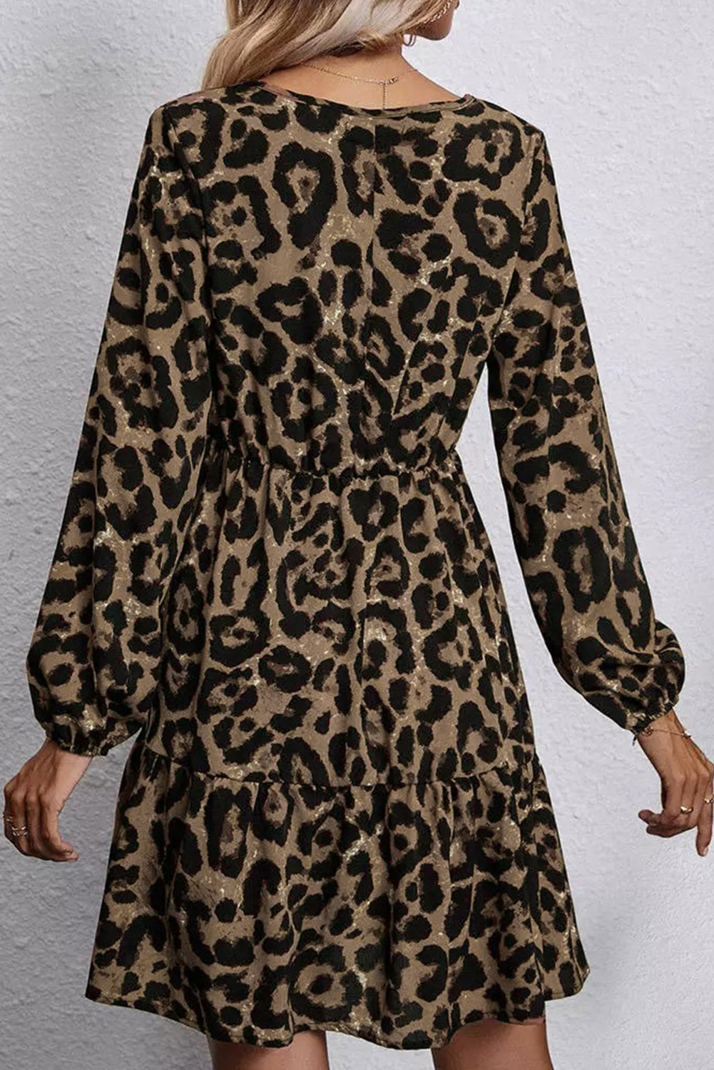 Printed Plus Size Leopard Puff Sleeve V-Neck Ruffle Dress Plus Size JT's Designer Fashion