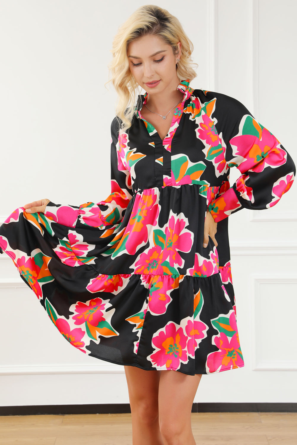 Multicolour Frill Collar Split Neck Long Sleeve Floral Dress Floral Dresses JT's Designer Fashion