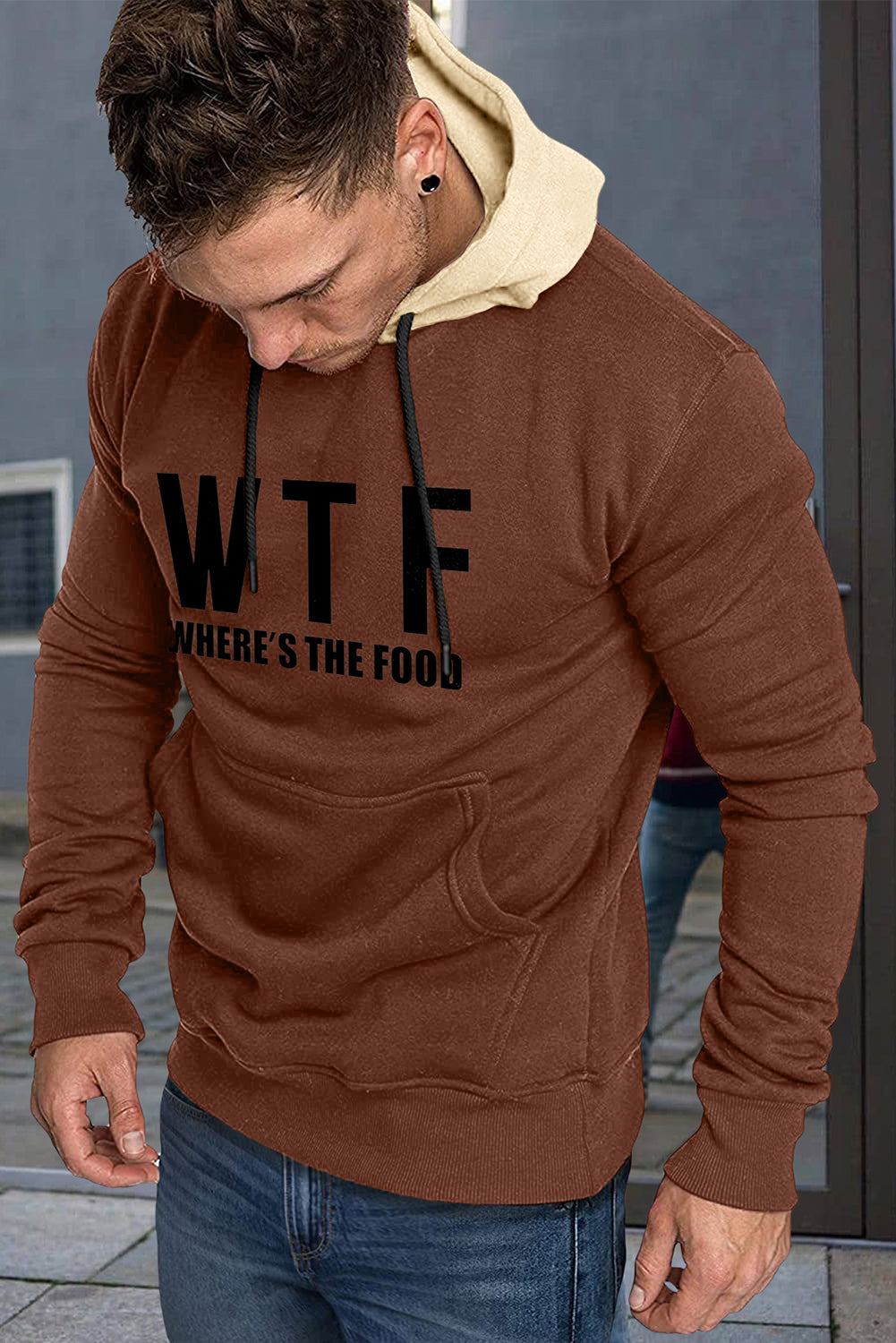 Brown Men's Letter Print Pocketed Slim-fit Long Sleeve Hoodie Men's Tops JT's Designer Fashion