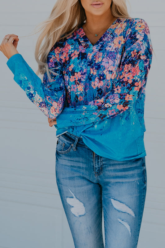 Blue Floral Print V Neck Long Sleeve Top Blue 95%Polyester+5%Elastane Long Sleeve Tops JT's Designer Fashion