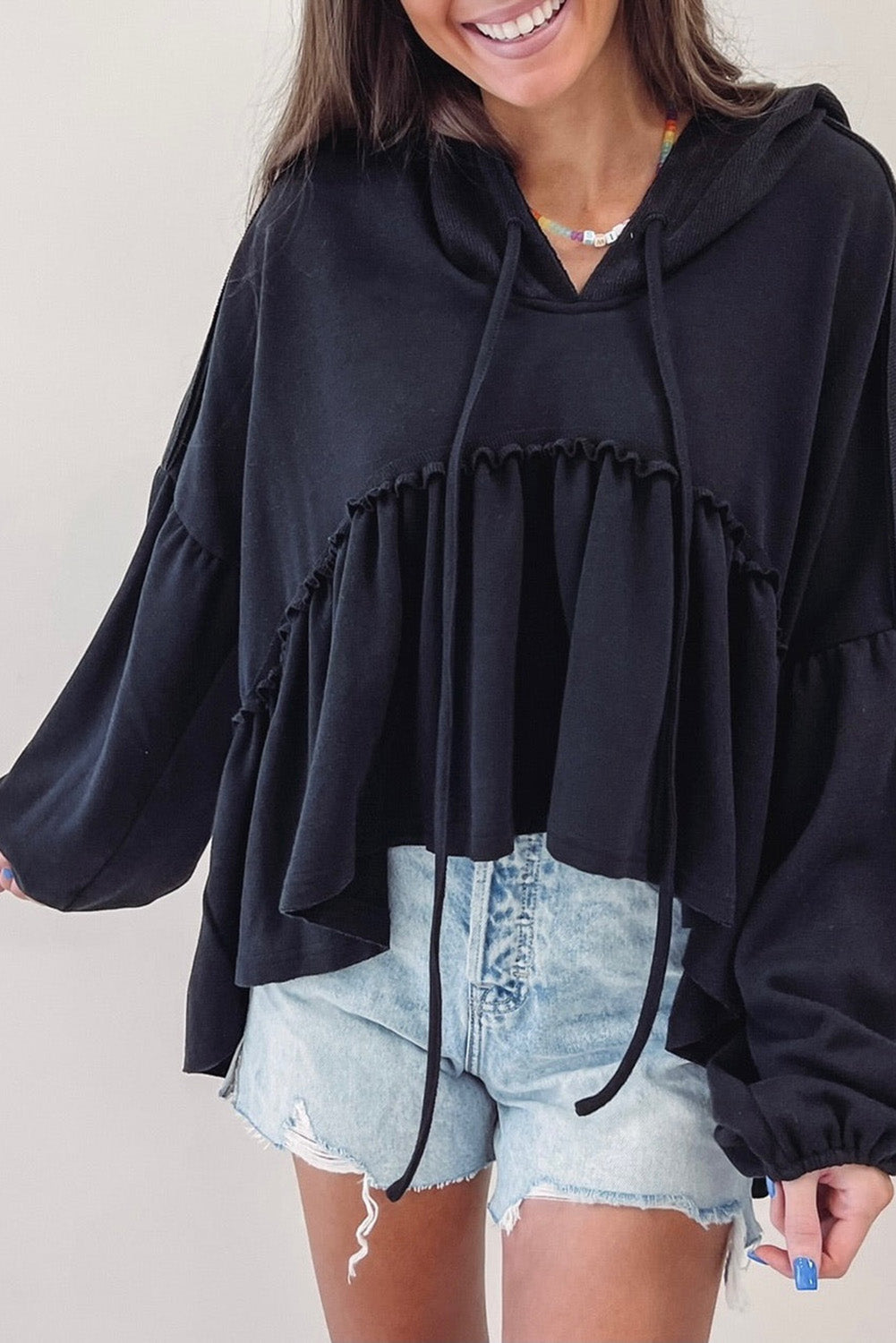 Black Oversized Ruffled High Low Hem Drop Shoulder Hoodie Tops & Tees JT's Designer Fashion