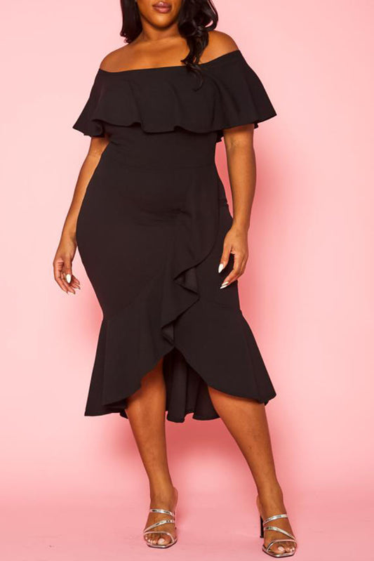 Black Ruffled Off Shoulder High Low Plus Size Dress Plus Size JT's Designer Fashion