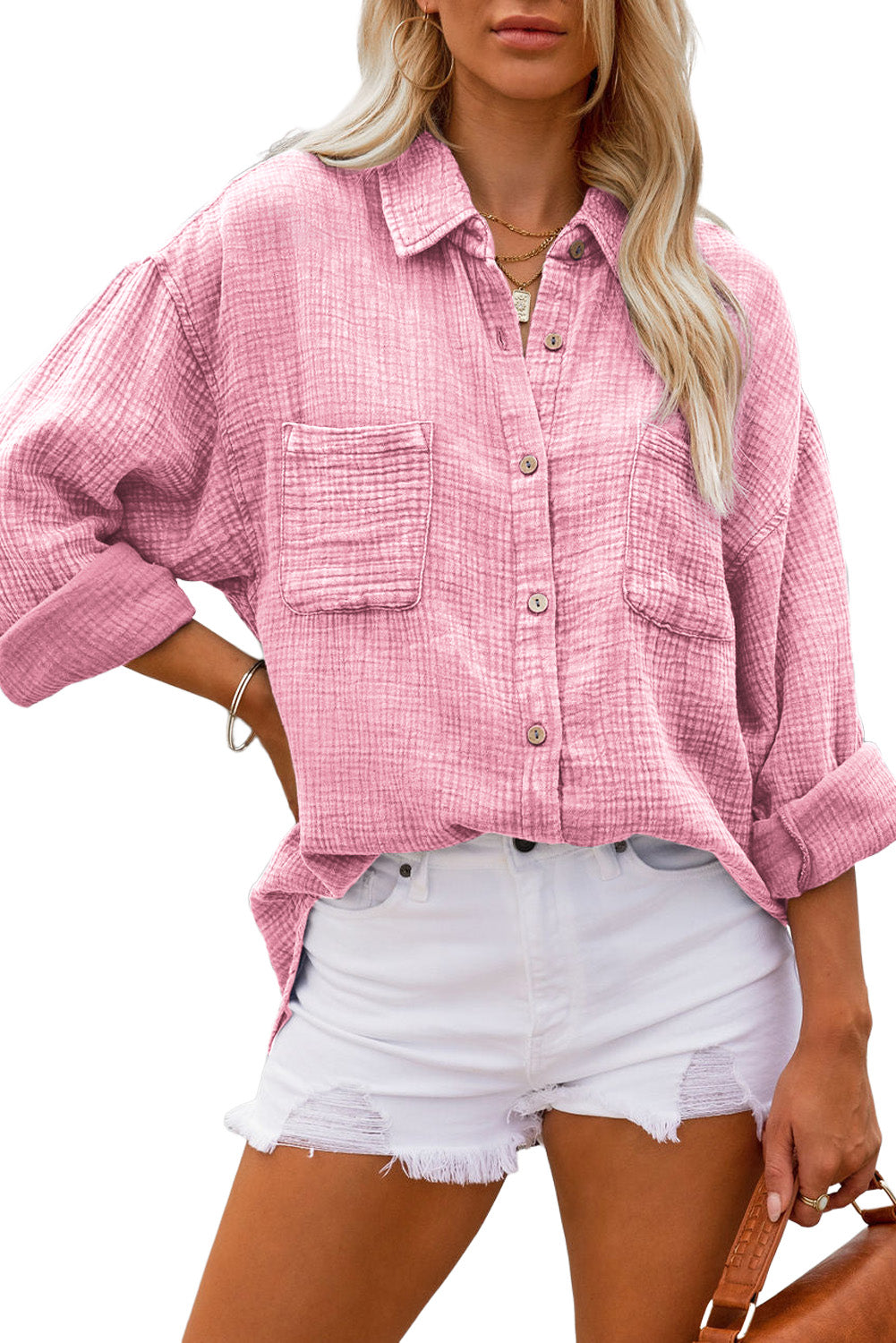 Pink NOBERT COTTON BUTTON DOWN TOP Tops & Tees JT's Designer Fashion