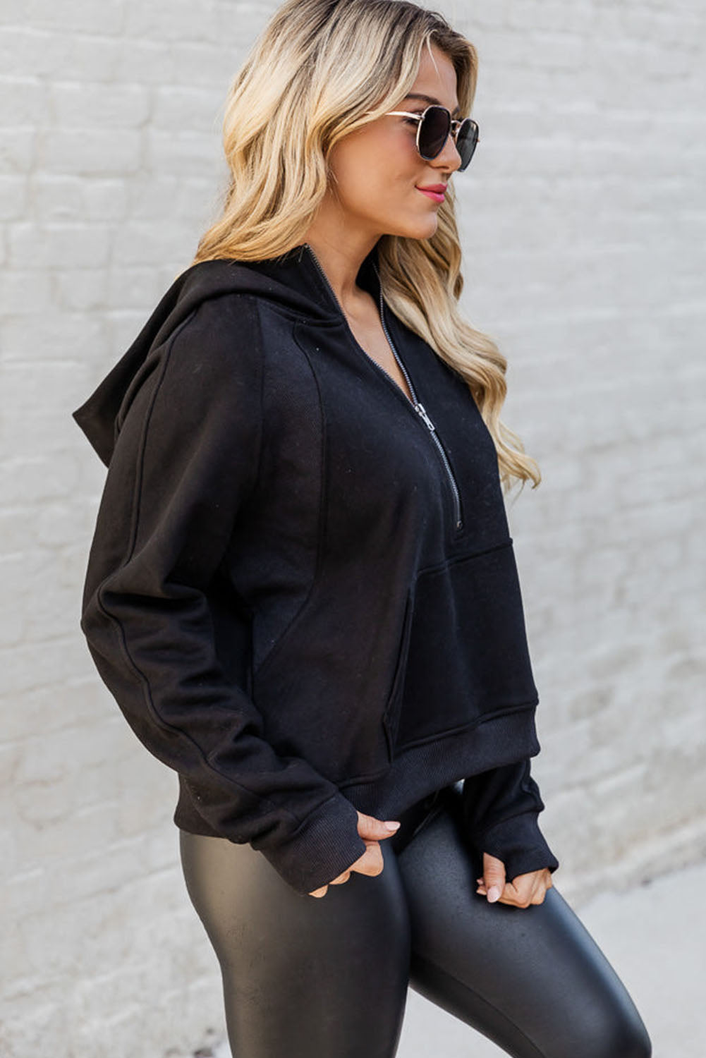 Black Half Zipper Kangaroo Pocket Plus Size Hoodie Outerwear JT's Designer Fashion