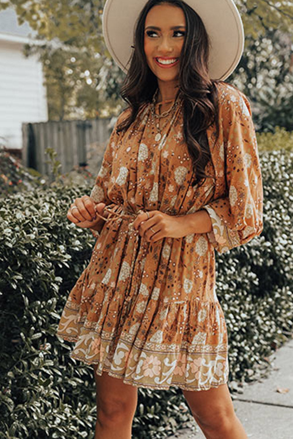 Camel 3/4 Sleeve Tie Waist Pleated Short Boho Floral Dress Dresses JT's Designer Fashion