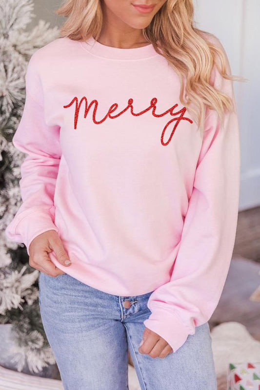 Pink Merry Letter Print Long Sleeve Pullover Sweatshirt Pink 70%Polyester+30%Cotton Graphic Sweatshirts JT's Designer Fashion