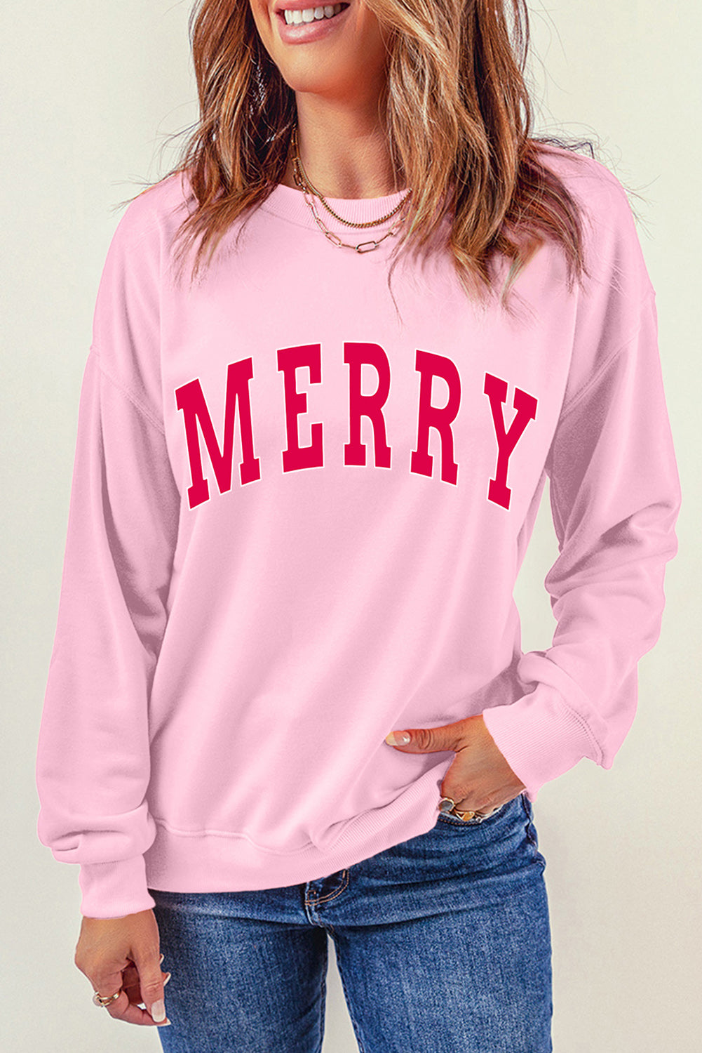 Pink MERRY Alphabet Print Loose Fit Christmas Sweatshirt Graphic Sweatshirts JT's Designer Fashion