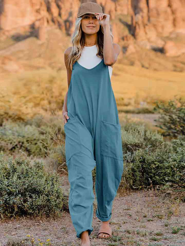 Double Take V-Neck Sleeveless Jumpsuit with Pocket Azure Jumpsuits & Rompers JT's Designer Fashion