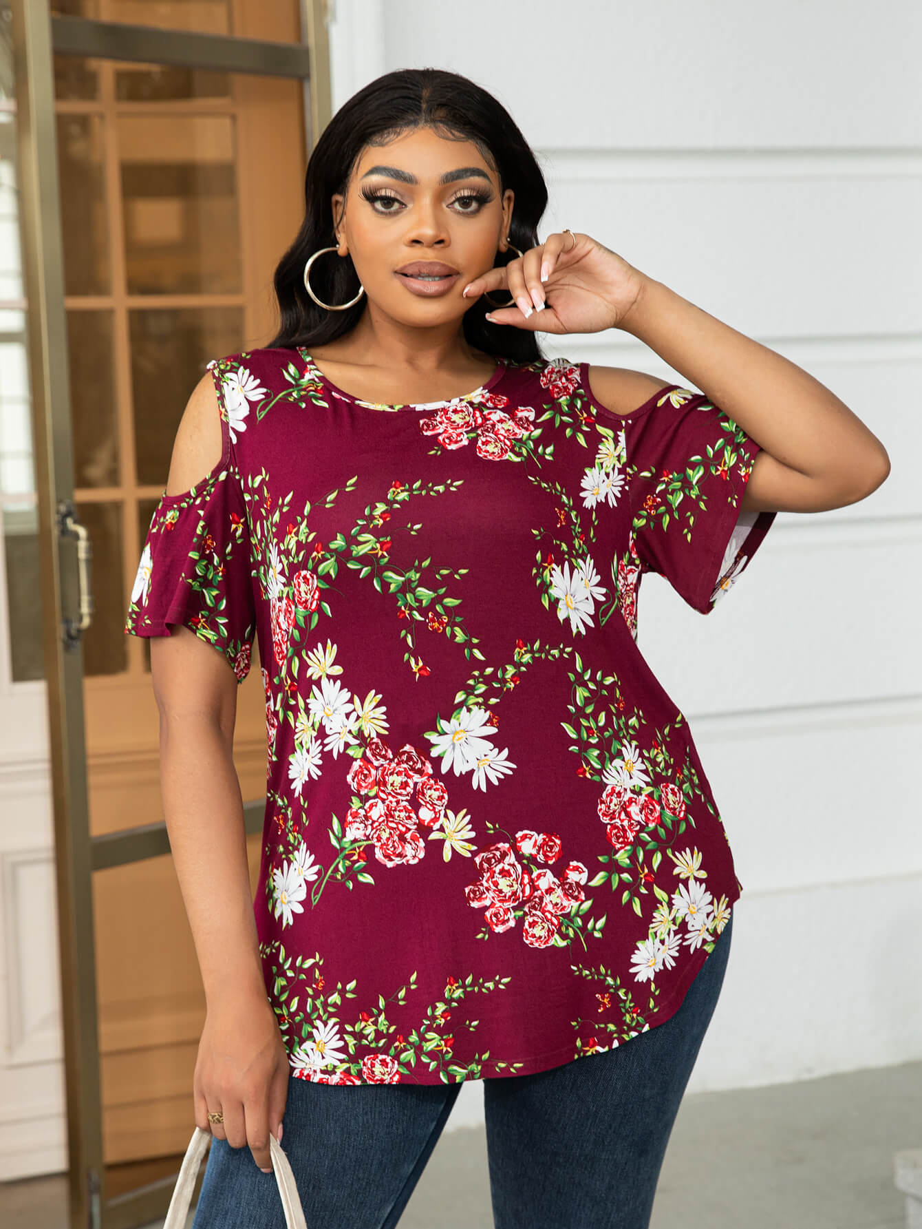 Plus Size Cold-Shoulder Round Neck Curved Hem Tee Wine Plus Size Tops JT's Designer Fashion