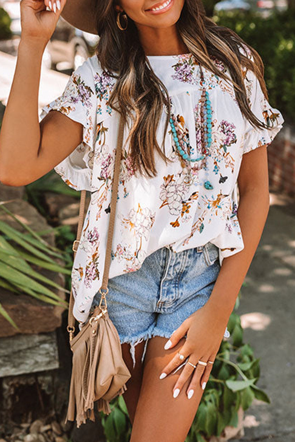 White Floral Ruffled Short Sleeve Back Knot Blouse White 100%Polyester Blouses & Shirts JT's Designer Fashion