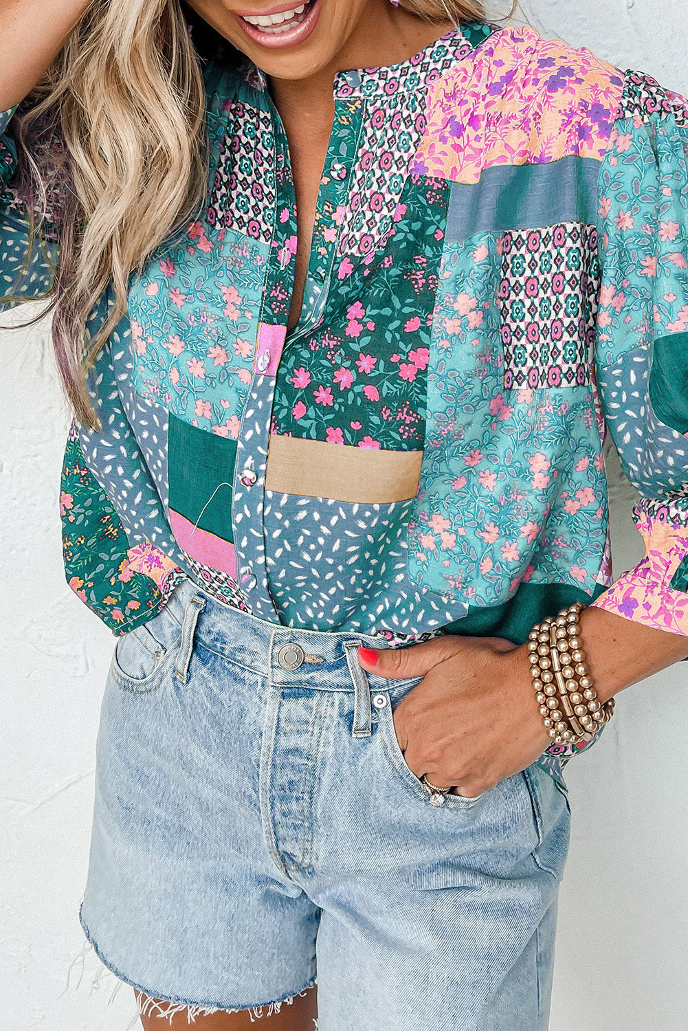 Green Multicolor Floral Patchwork Print Buttoned Puff Sleeve Shirt Tops & Tees JT's Designer Fashion