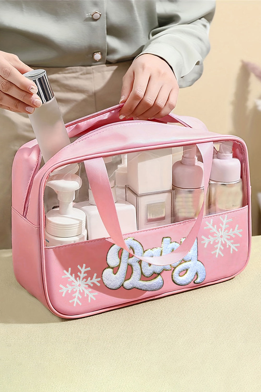 Pink Baby Snowflake Chenille Embroidered Clear Makeup Bag Other Accessories JT's Designer Fashion