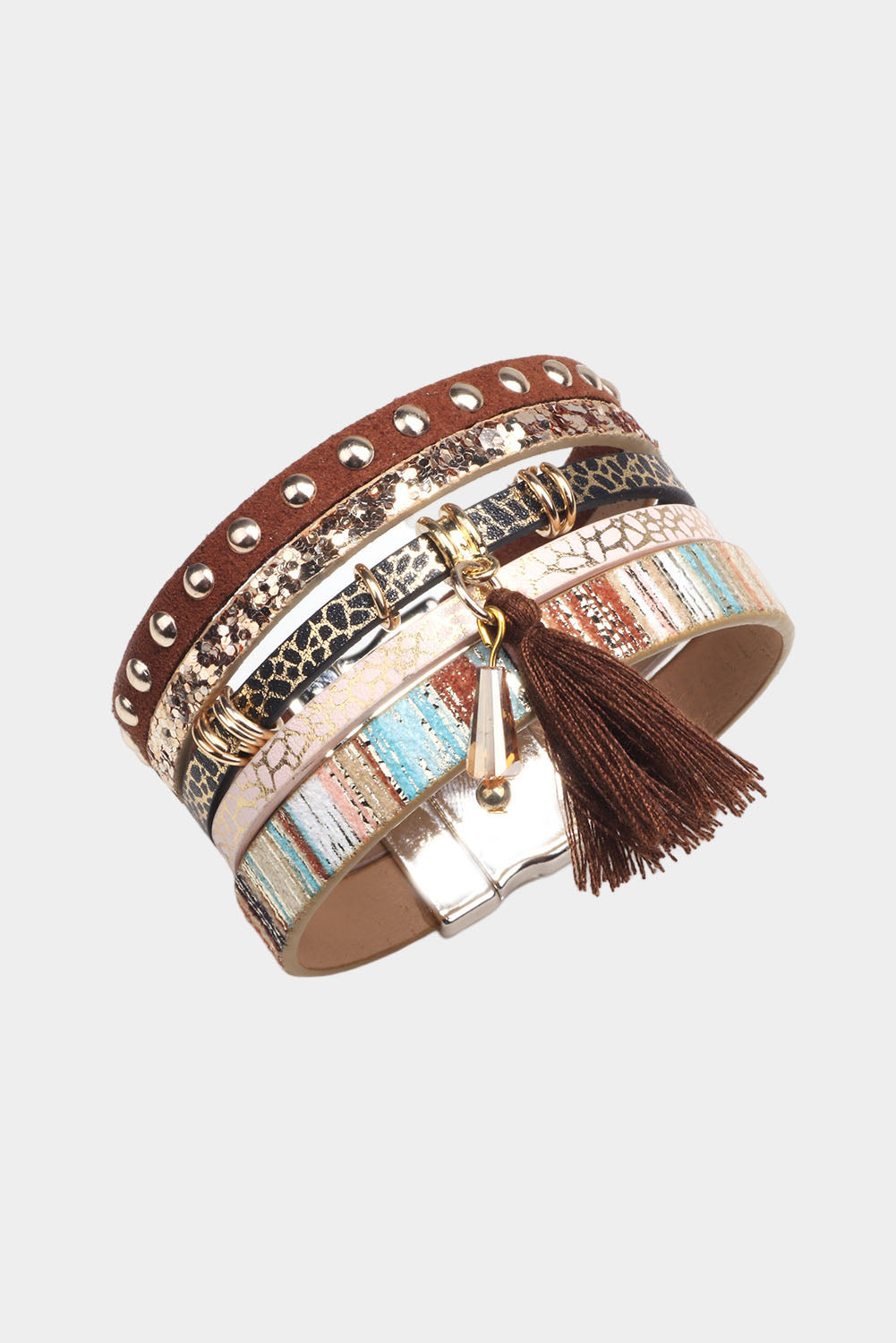 Brown Multi-layer Shining Leather Tassel Decor Bracelet Jewelry JT's Designer Fashion