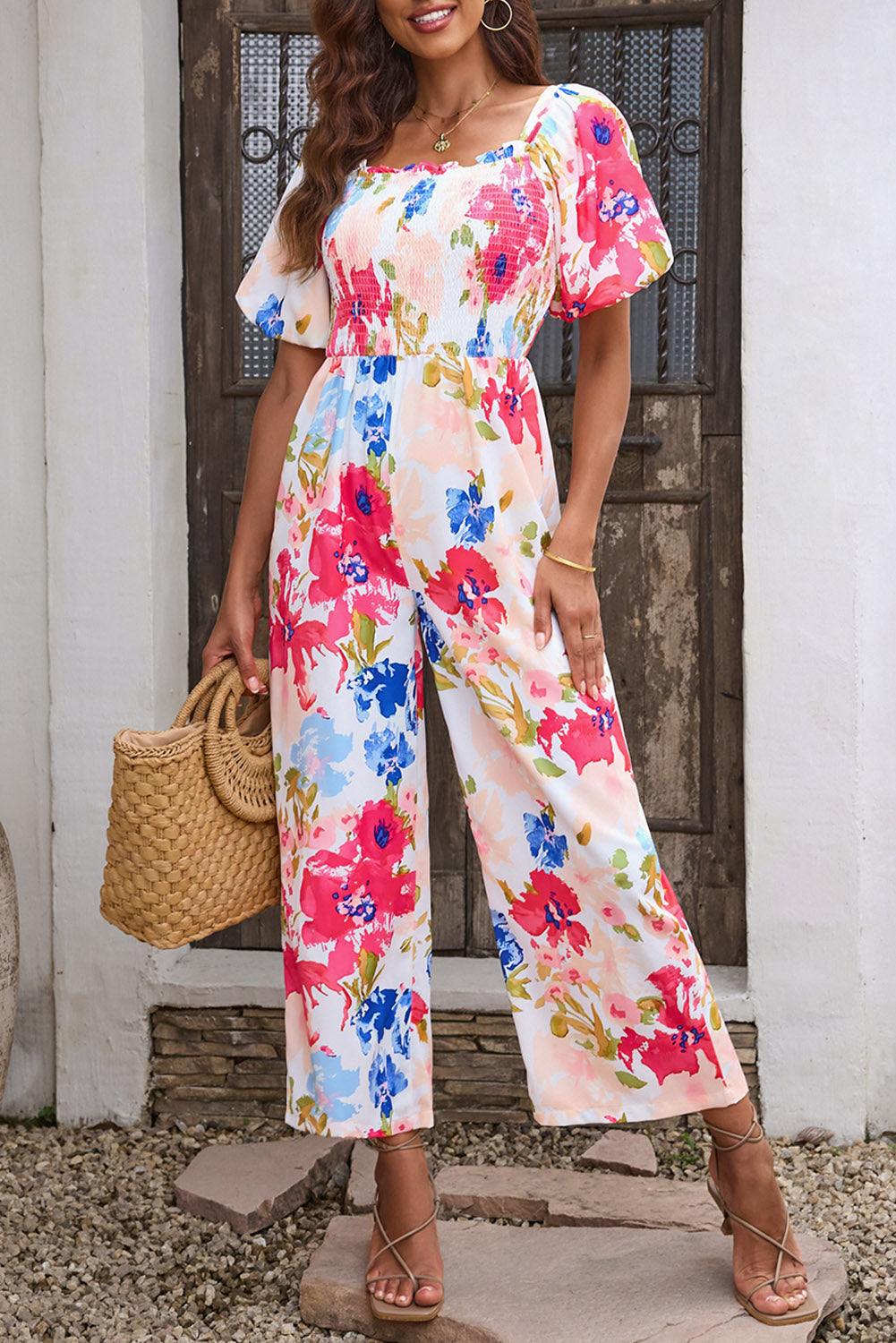 Multicolor Floral Print Smocked Puff Sleeve Jumpsuit Jumpsuits & Rompers JT's Designer Fashion