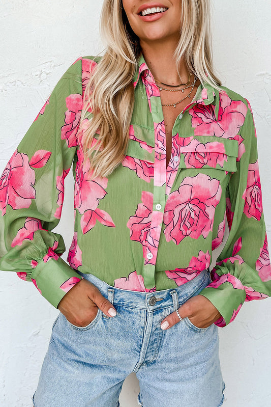 Green Floral Print Pleated Detail Puff Sleeve Shirt Tops & Tees JT's Designer Fashion