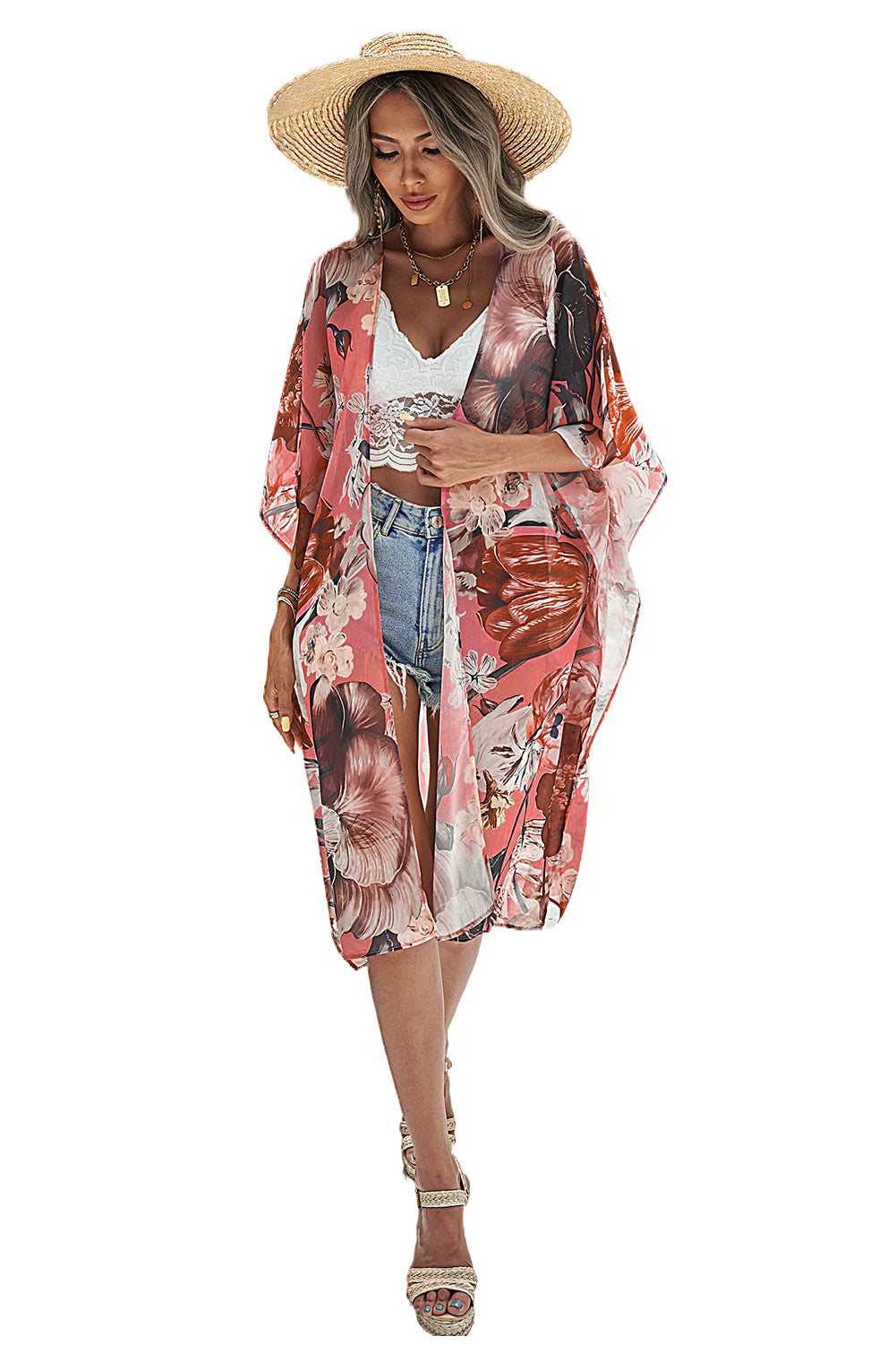 Pink Boho Floral Print Beach Cover up Kimono Kimonos JT's Designer Fashion