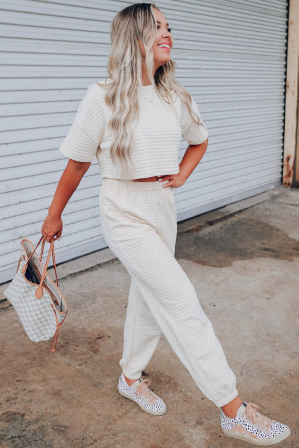 White Lattice Textured Cropped Tee and Jogger Pants Set Bottoms JT's Designer Fashion