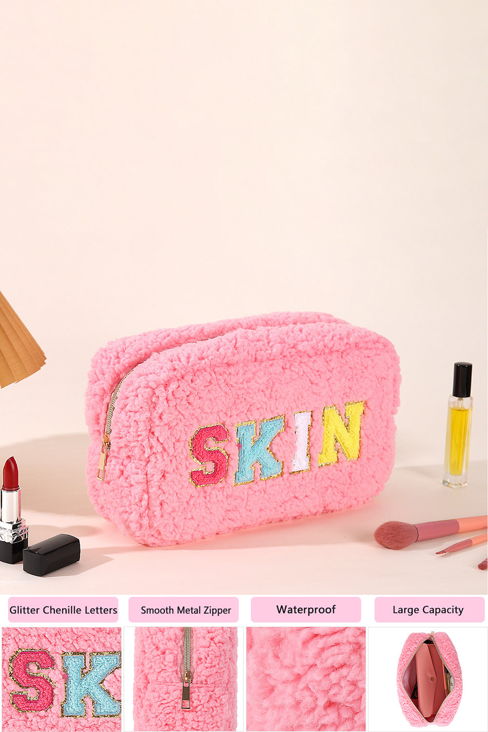 Pink Plush Chenille Embroidered Alphabet Makeup Bag Other Accessories JT's Designer Fashion