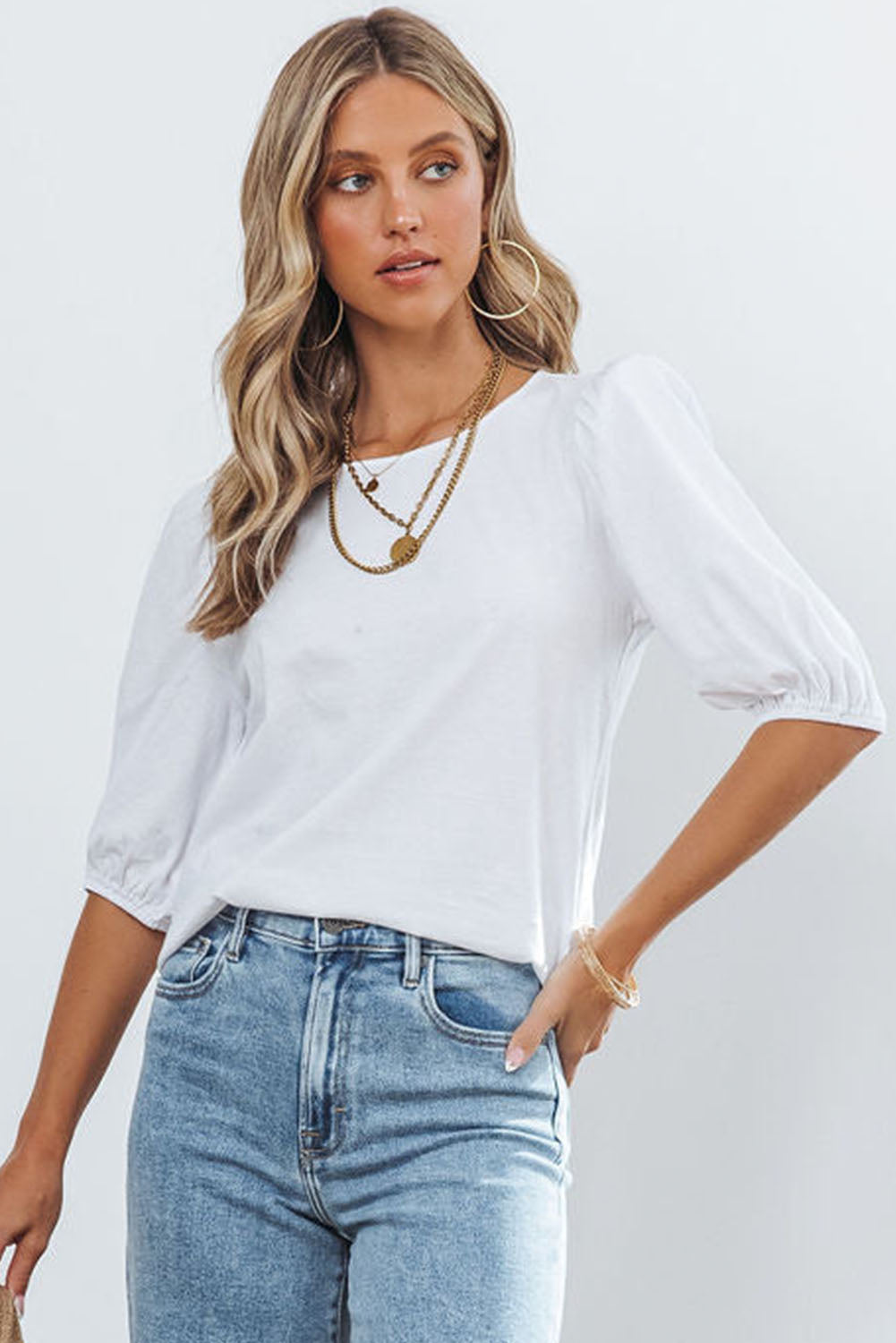 White Puff Sleeve Top with Keyhole Back Tops & Tees JT's Designer Fashion