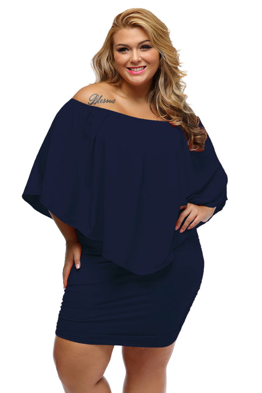 Plus Size Multiple Dressing Layered Dark Blue Mini Poncho Dress as shown 95%polyester+5%spandex Plus Size Dresses JT's Designer Fashion