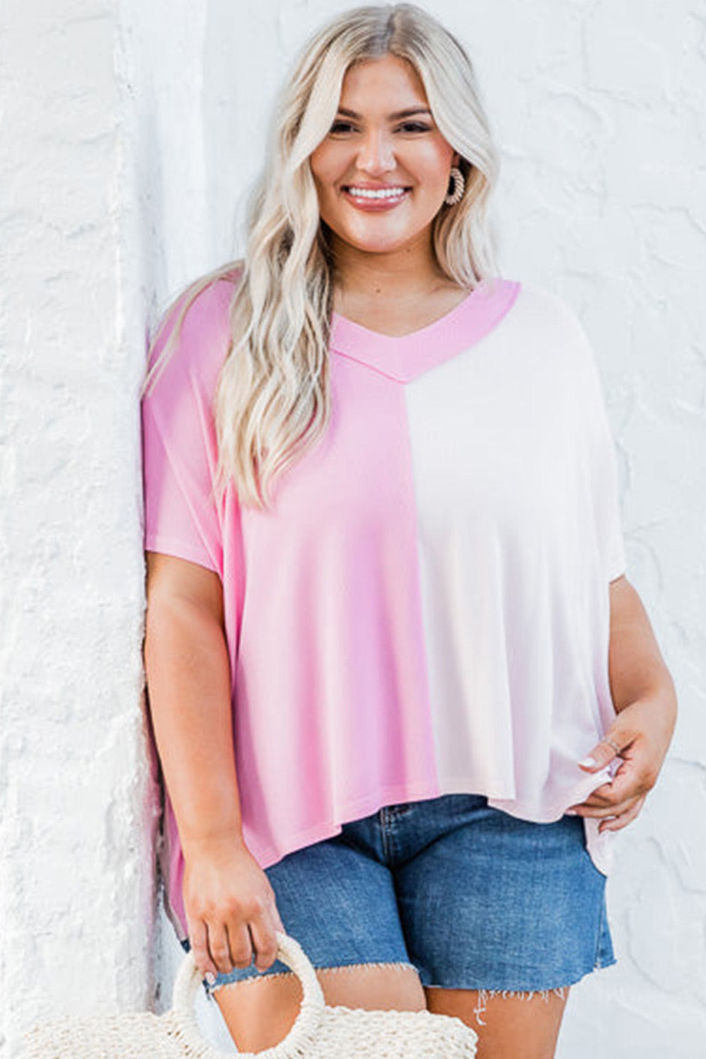 Pink Color Block Ribbed Knit V Neck Plus Size T Shirt Plus Size Tops JT's Designer Fashion