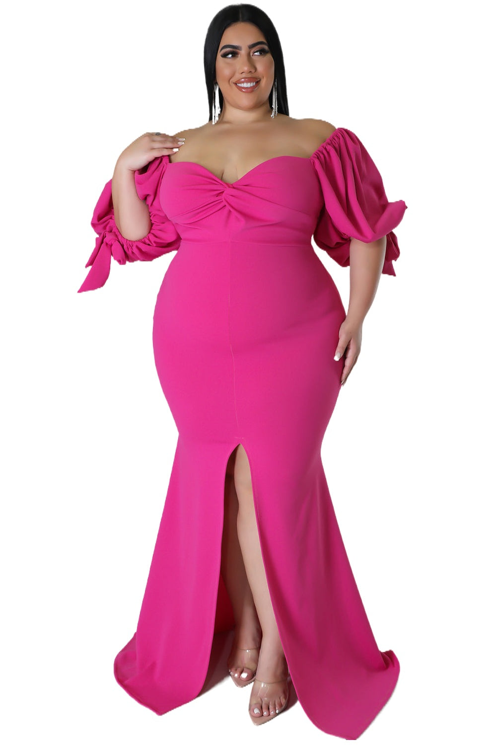 Rose Bow Tie Puff Sleeve Plus Size High Slit Maxi Dress Plus Size JT's Designer Fashion