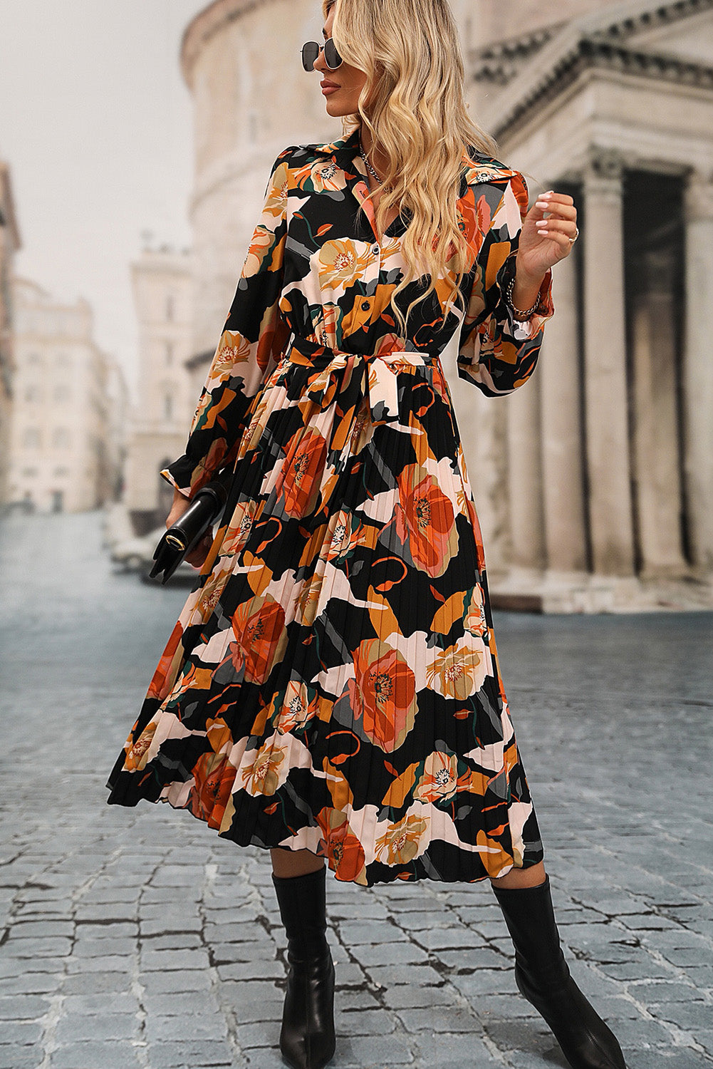 Multicolor Floral Tie Waist Pleated Long Shirt Dress Dresses JT's Designer Fashion